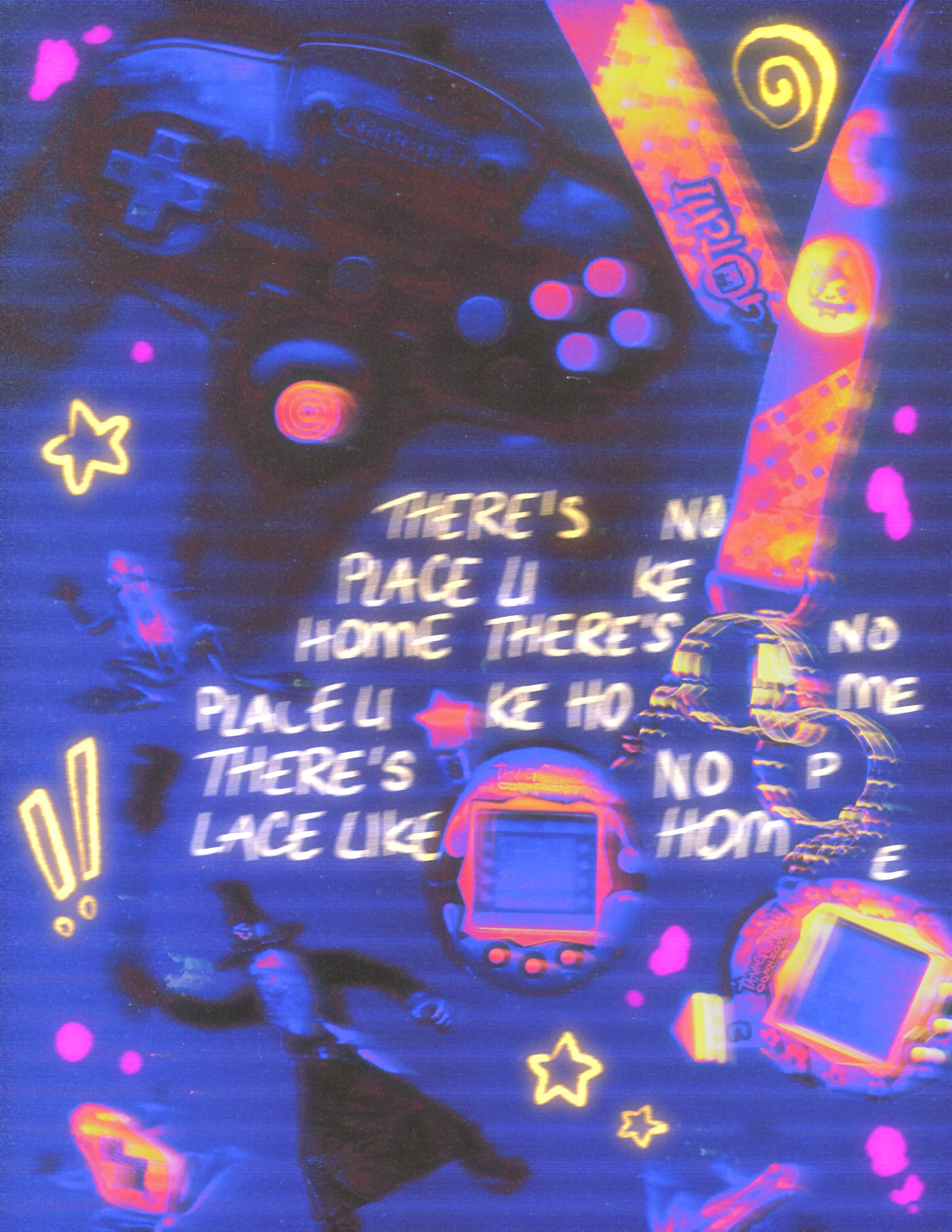 A neon glow image of a person playing video games, with the controller visible, surrounded by colorful neon shapes and text, including the words "THERE'S NO PEACE ..." and "LACE UP." The scene is vibrant and artistic, with a dark background and vivid outlines.