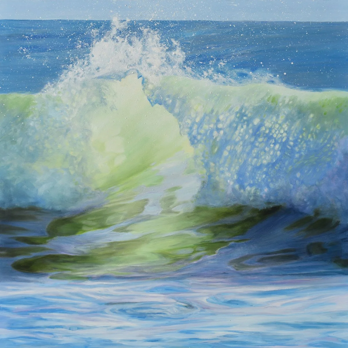 Painting of a breaking ocean wave with spray and reflections in the water.
