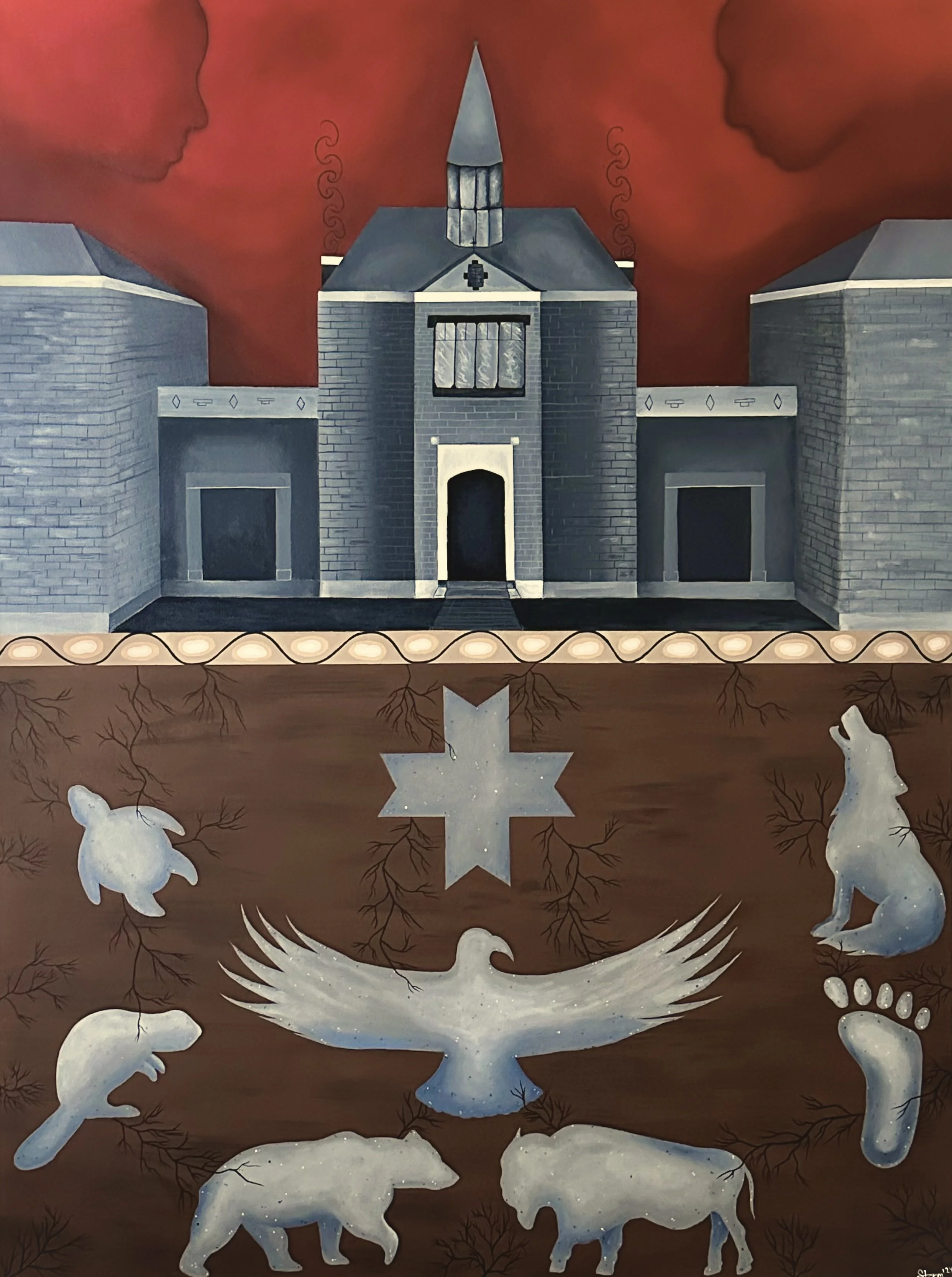 A mural depicting a dark castle with a red sky above. The lower part of the mural shows various white animal silhouettes, including an eagle, wolf, bear, rabbit, and paw print, with dark tree branch details in the background.