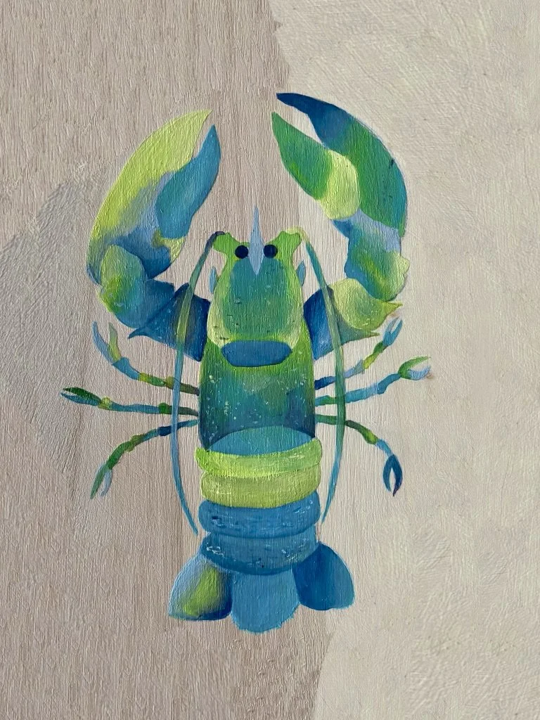 Colorful painterly illustration of a lobster with shades of green and blue on a neutral background.