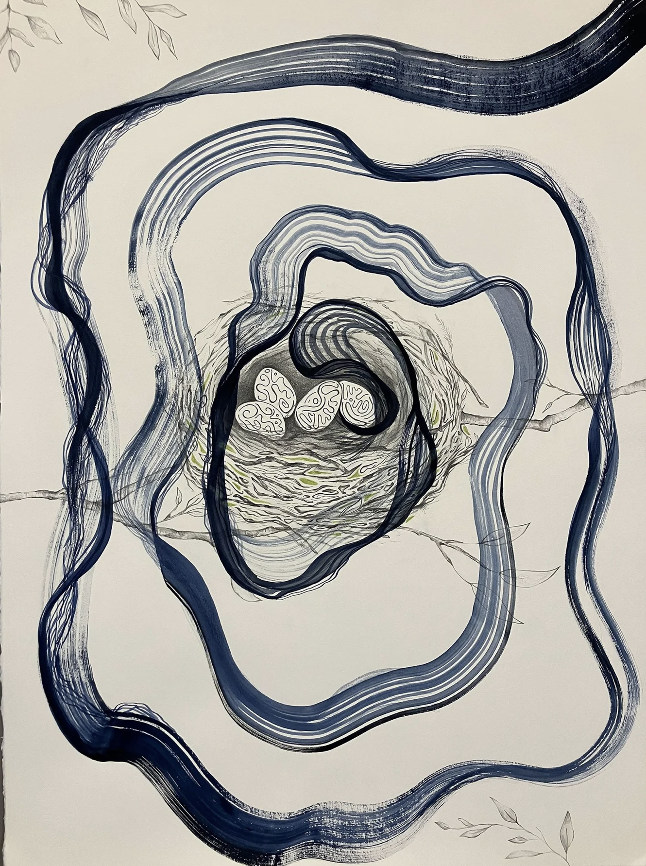 Abstract artwork of a nest with three eggs surrounded by swirling blue and gray lines, with faint leaves in the background.