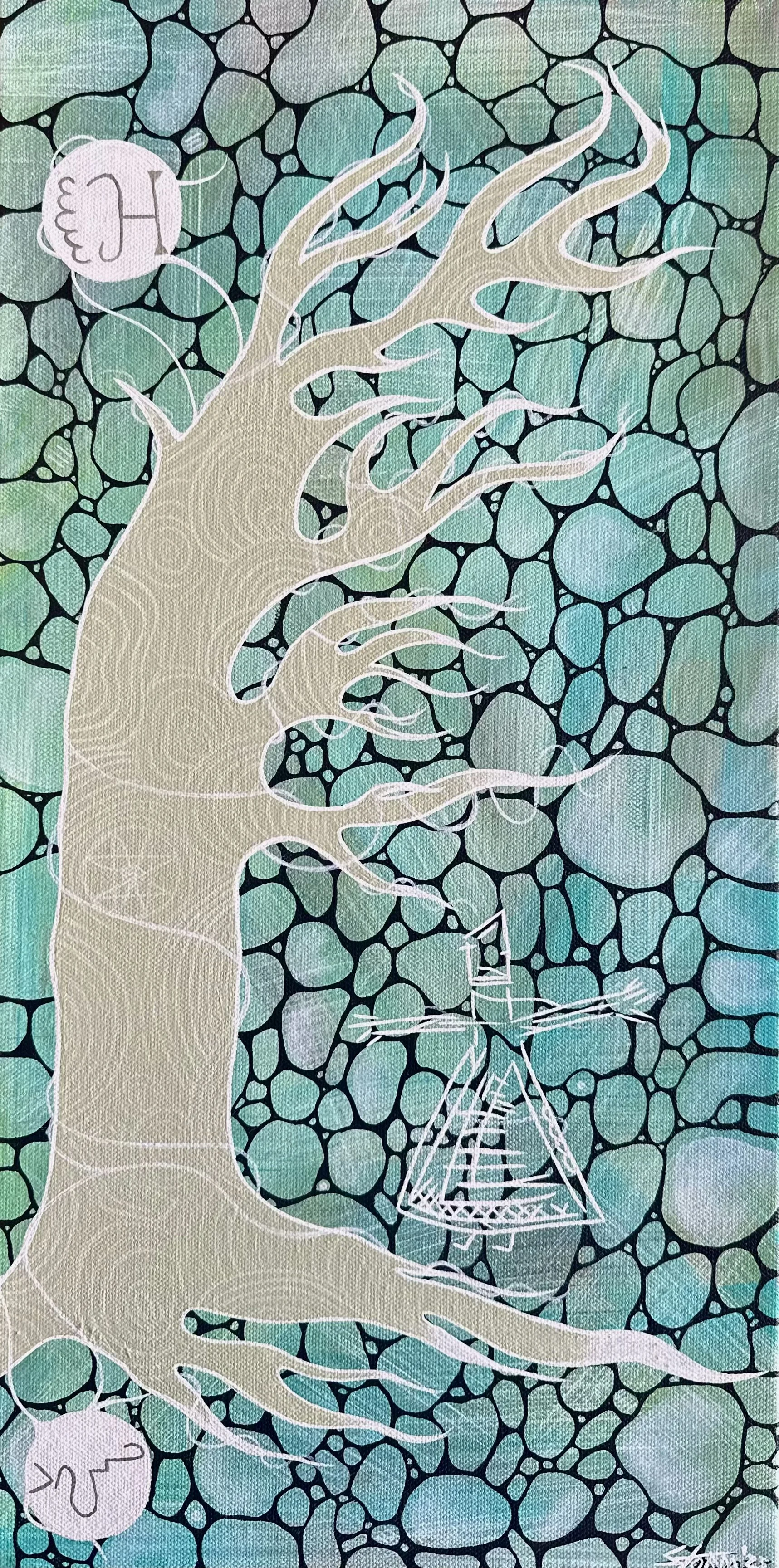 A stylized illustration of a white tree with twisted branches set against a background of irregular green and blue stones connected by black lines. There are two white speech bubbles, one near the top left with a smiling face and another near the bot