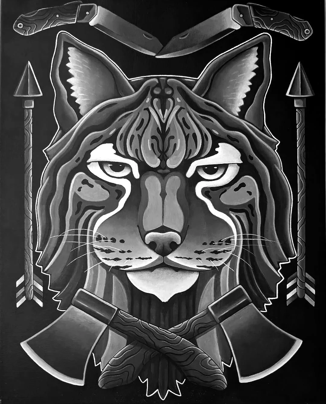 Black and white illustration of a fierce-looking tiger's face with piercing eyes, surrounded by traditional Native American style arrows, a bow, and a tomahawk, blending natural and warrior imagery.