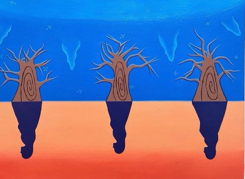 Three upside-down trees with bark patterns resemble faces, set against a colorful surreal background with floating blue shapes.