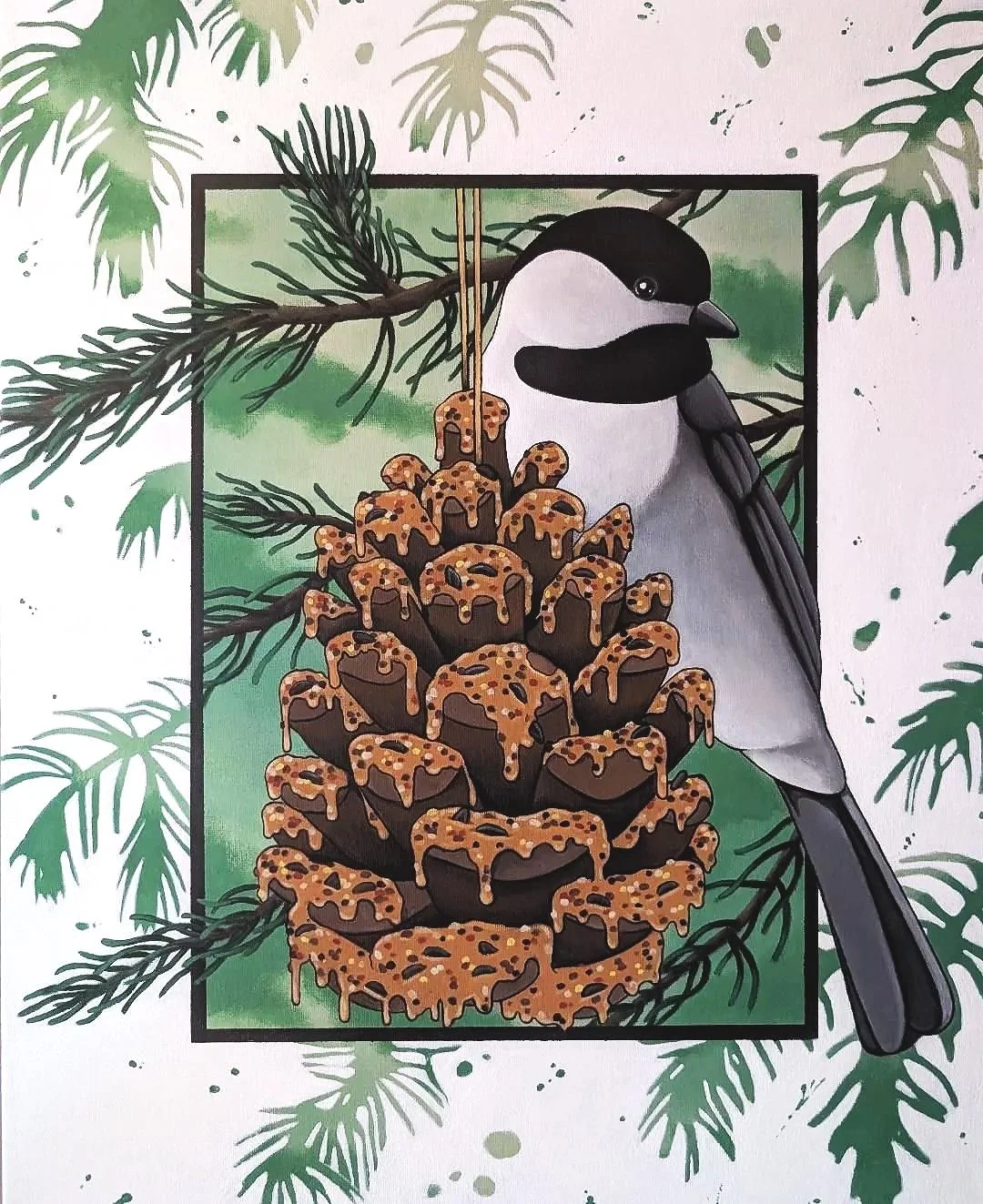 Illustration of a bird perched on a pine branch, looking at a large pine cone covered in chocolate and sprinkles, with a background of green pine leaves.