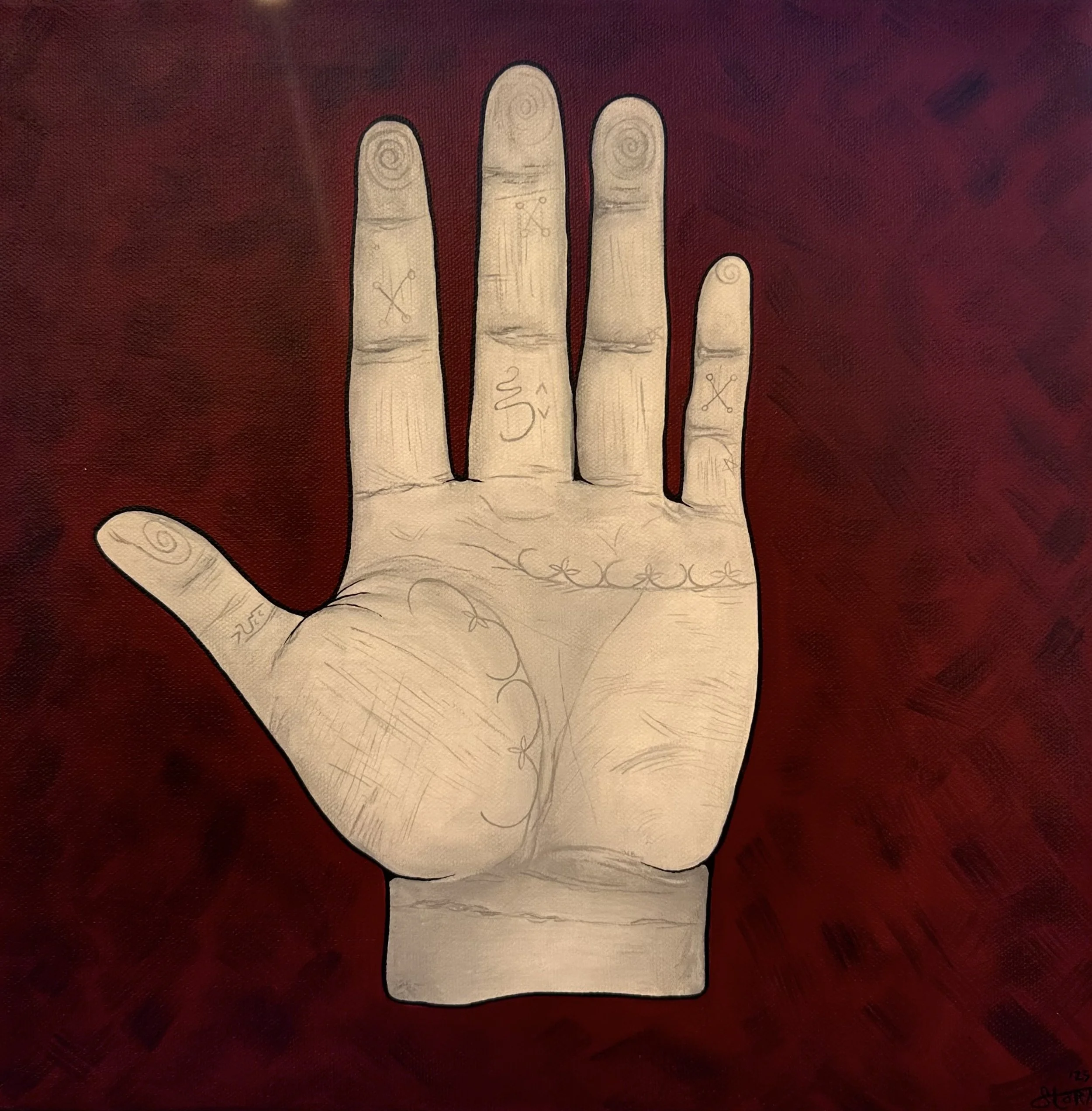 A drawing of a human hand with intricate line details and symbolic markings on the fingers, set against a dark reddish background.