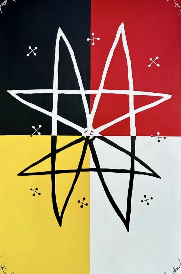 A colorful wall art painting featuring a large pentagram with intertwined white and black lines. The background is divided into four quadrants with different colors: black, red, yellow, and white, each containing small decorative symbols.