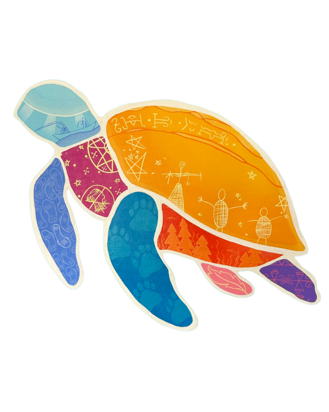 Colorful, vibrant turtle illustration with different patterns on each body part, including mi’kmaq petroglyphs and geometric patterns