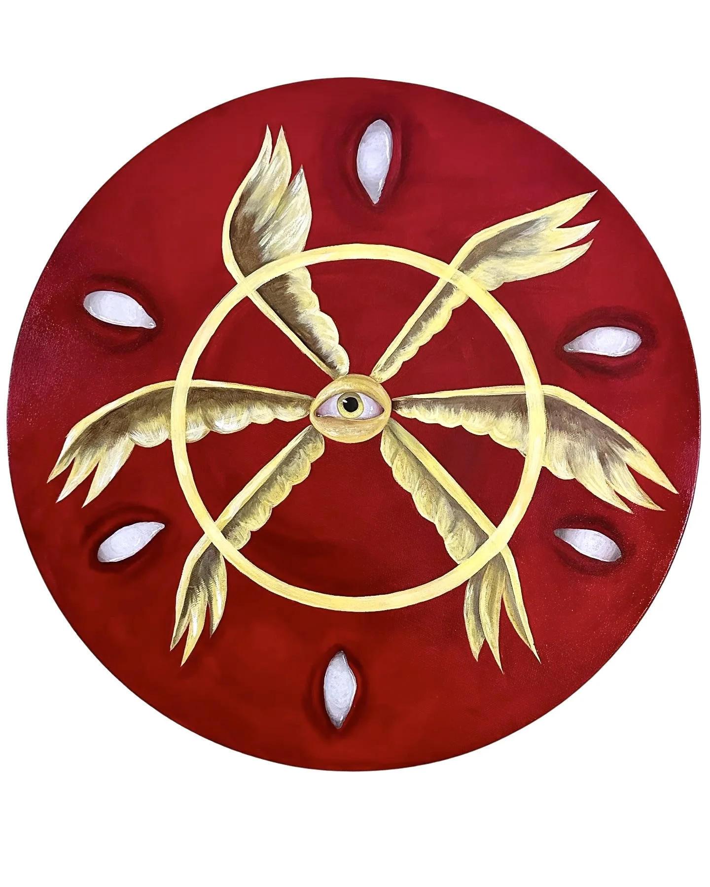 Circular artwork with a red background, featuring a yellow eye at the center, surrounded by six yellow wings and six white petal-like shapes.