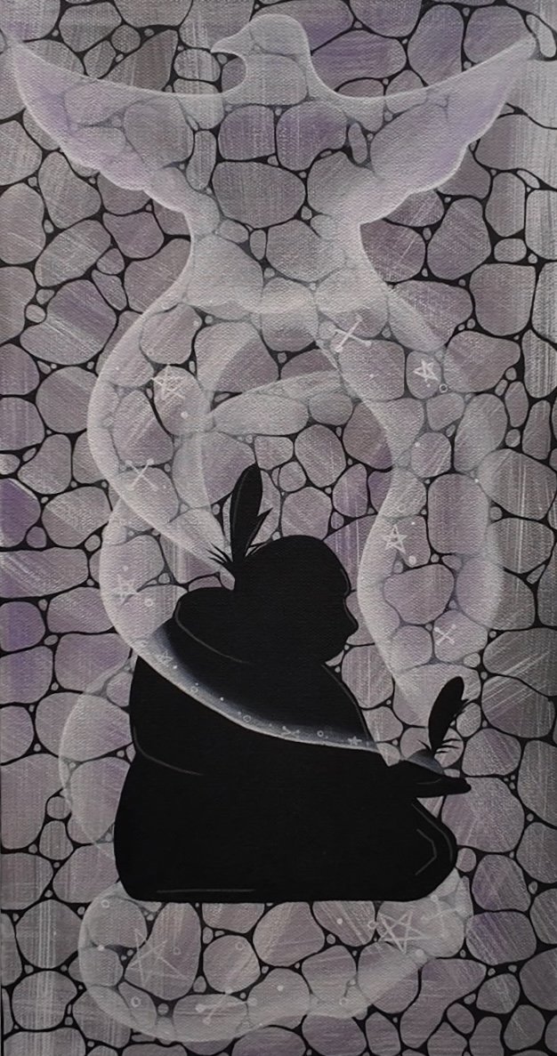 Silhouette of a princess with a crown and a feathered accessory, set against a background of stone-like patterns with star and plus sign accents, with a wispy, smoky outline following her figure.