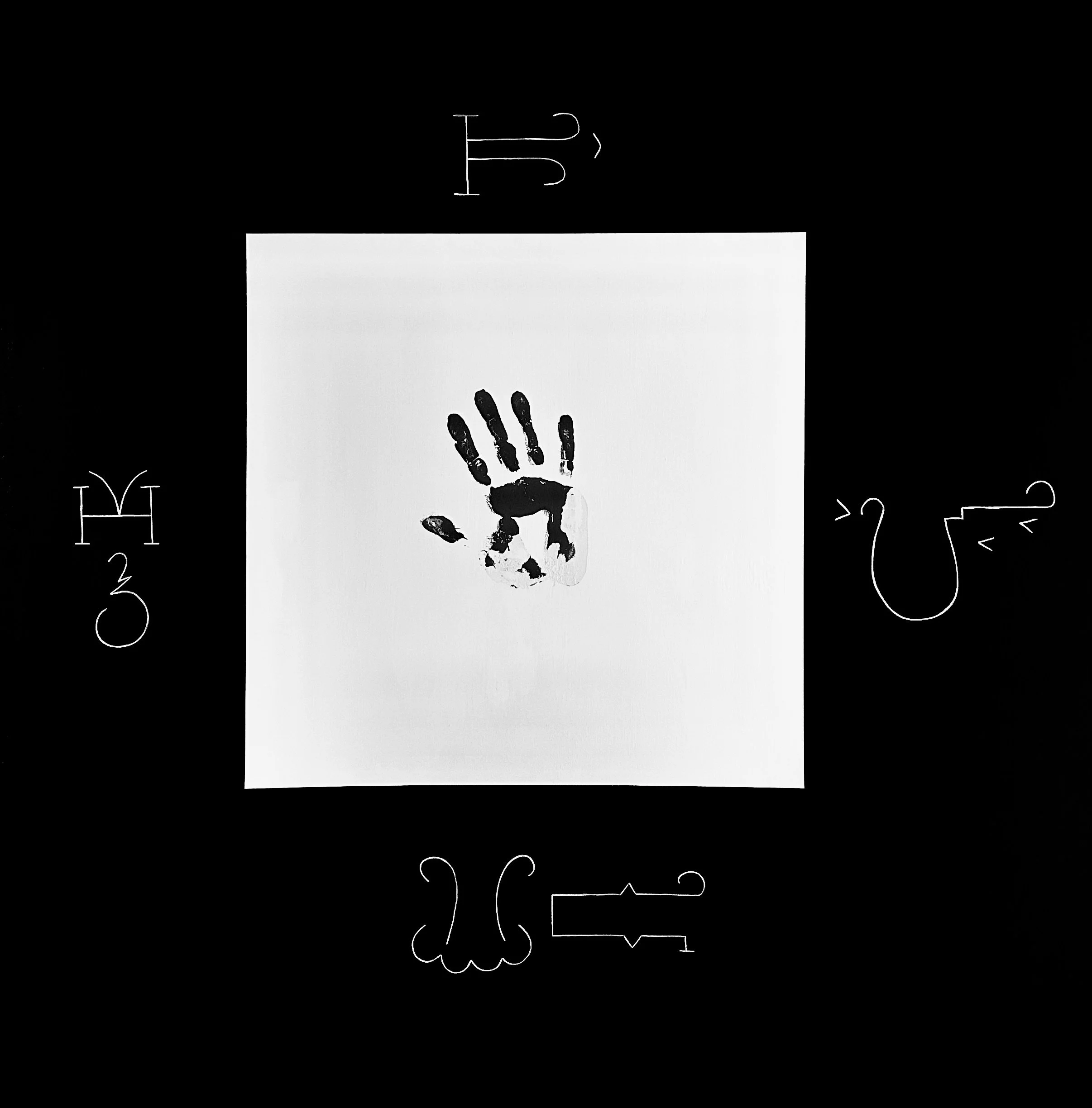 Black and white image of a handprint at the center, surrounded by four decorative symbols on a black background.