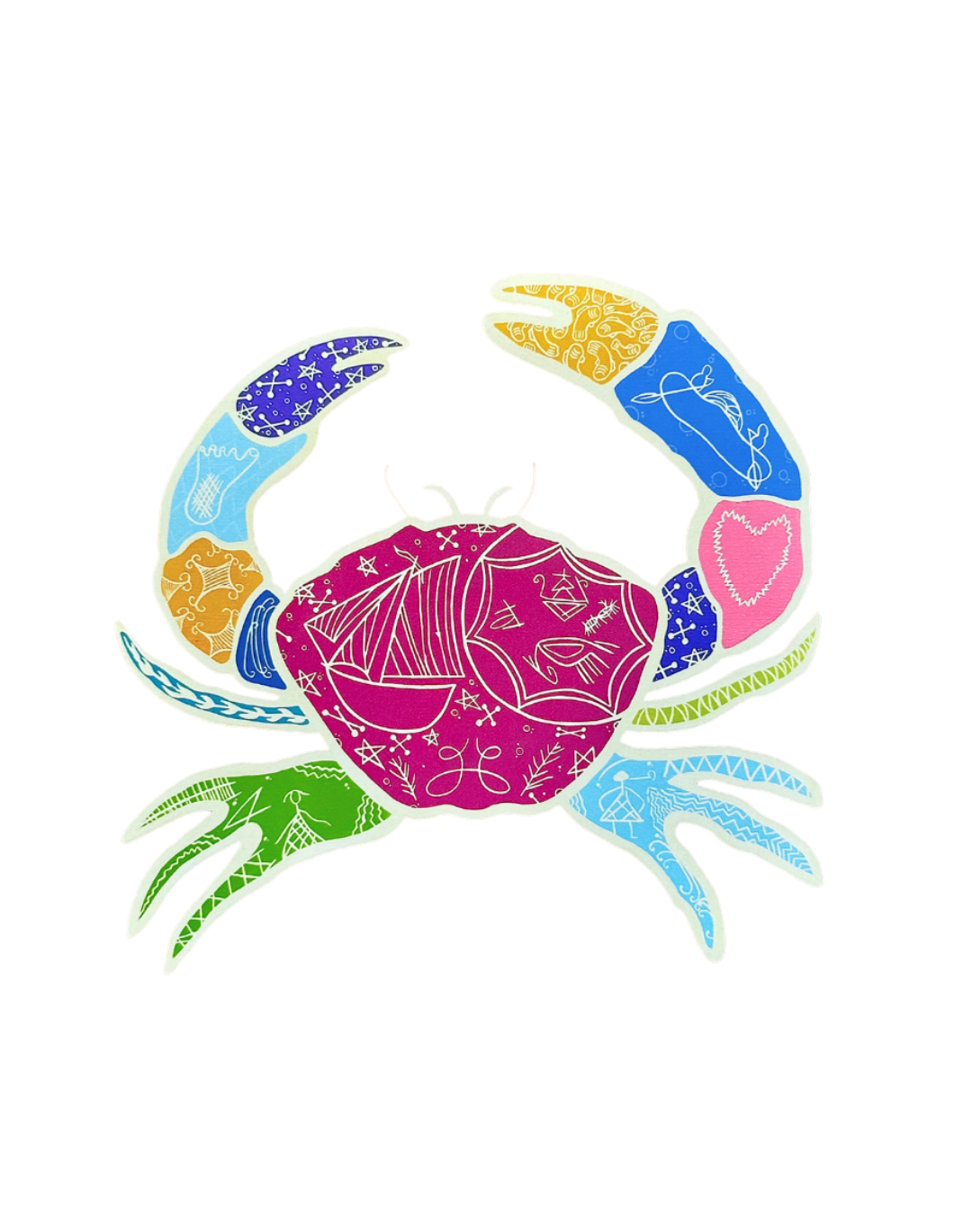 Colorful illustration of a crab with intricate patterns and symbols on its claws and body, featuring various colors including blue, pink, orange, and green.