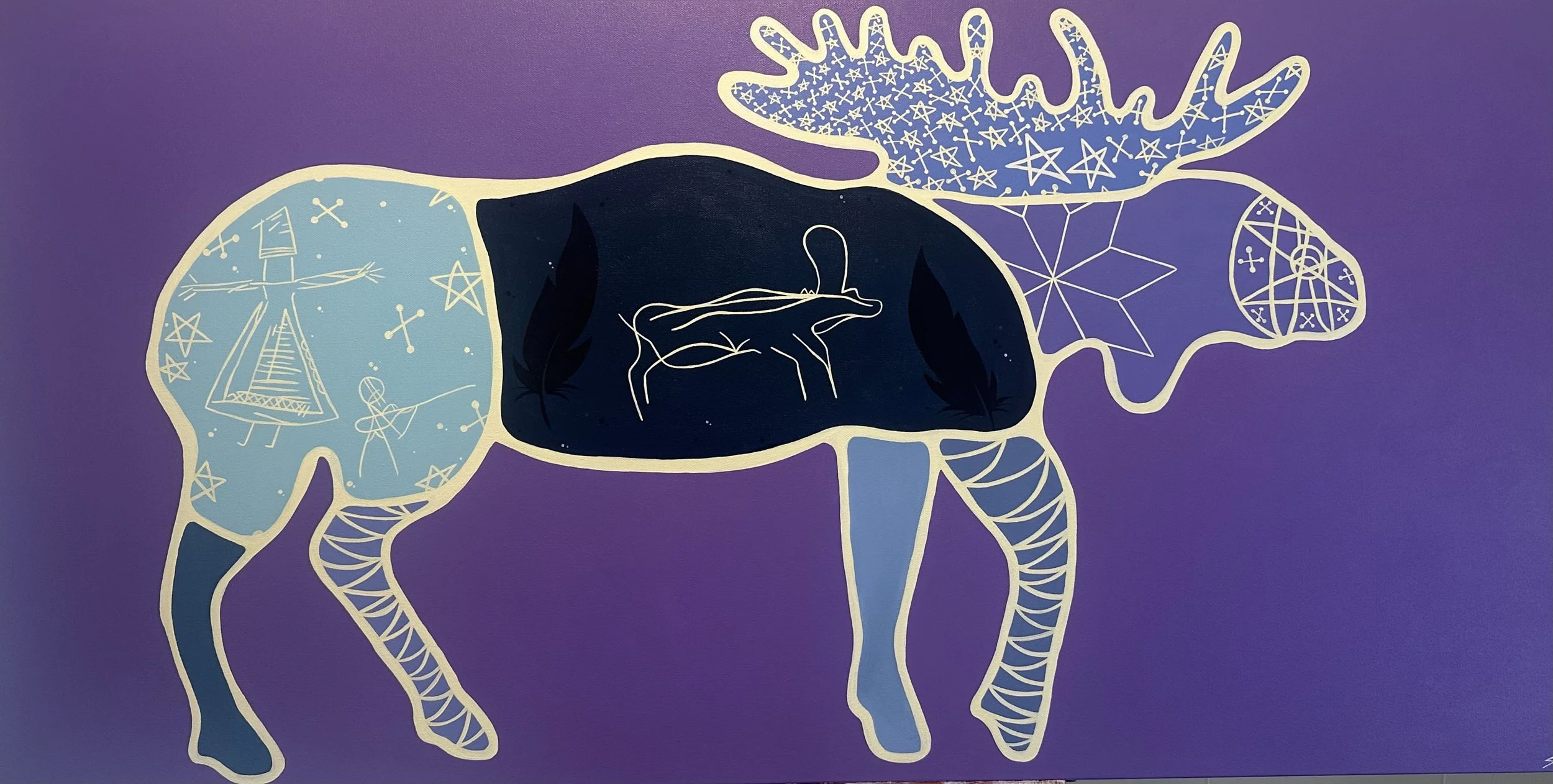An abstract, colorful illustration of a moose against a purple background with white and black outlines and various Mi’kmaq  patterns.