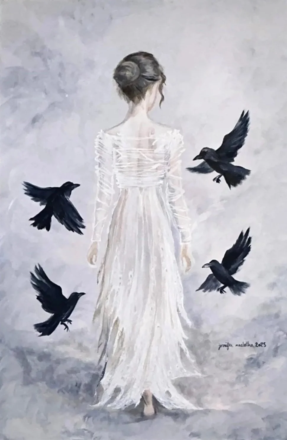 A painting of a woman in a white dress with her back turned, surrounded by five black ravens flying around her.