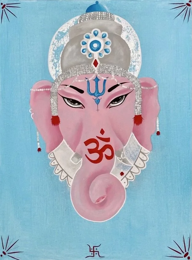 Painting of Lord Ganesha, featuring an elephant-headed deity with a pink face, adorned with a white crown, jewelry, and spiritual symbols on a light blue background.