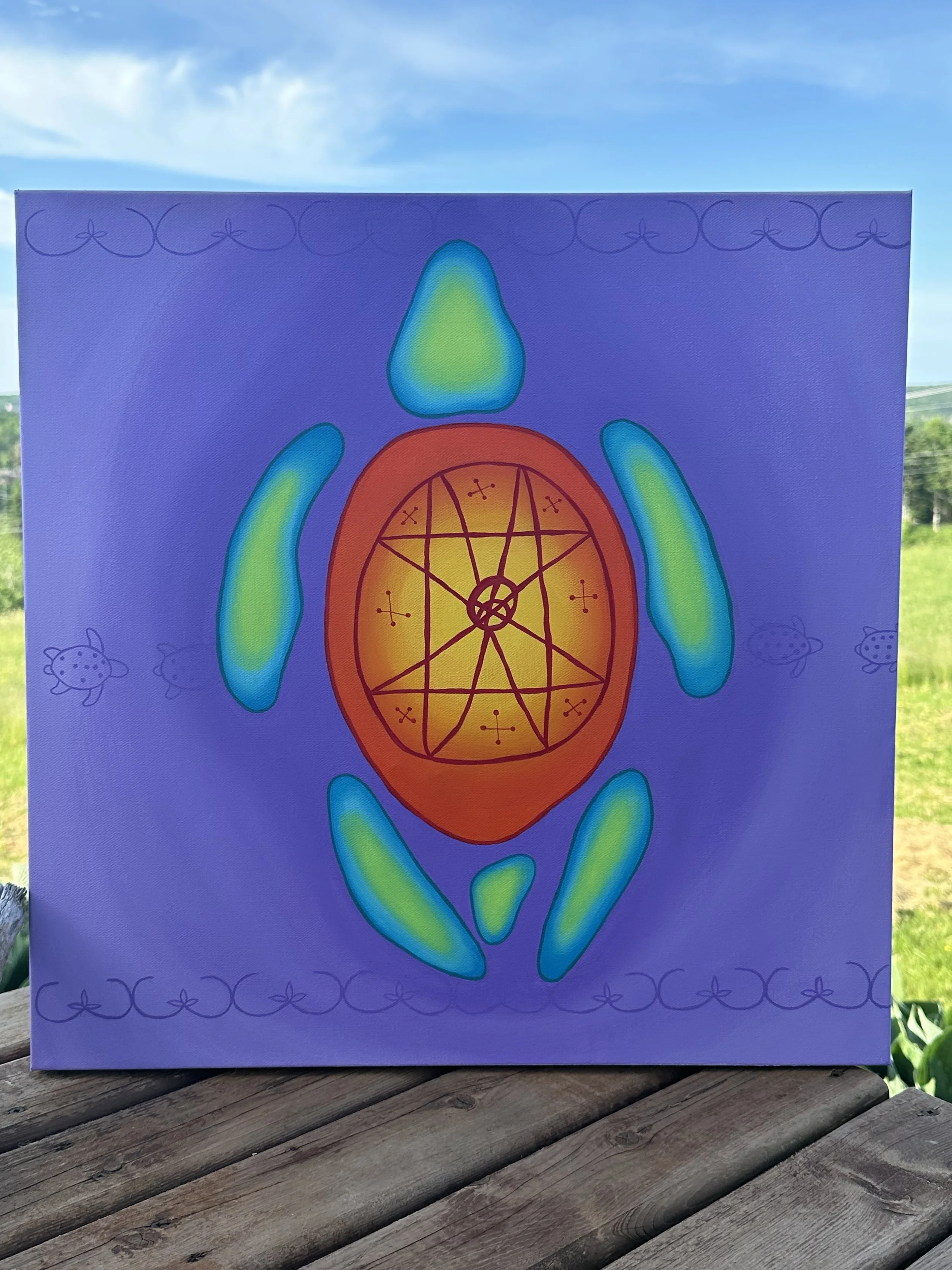 Colorful painting of a turtle with a purple background, featuring a red and orange shell with geometric and Mi’kmaq symbols, and blue-green limbs.