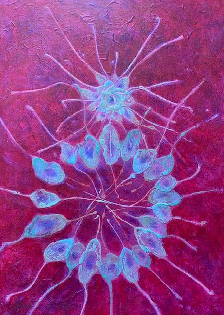 An artistic painting of multiple interconnected neurons, with a vibrant pink and purple background and glowing blue and white cell bodies.