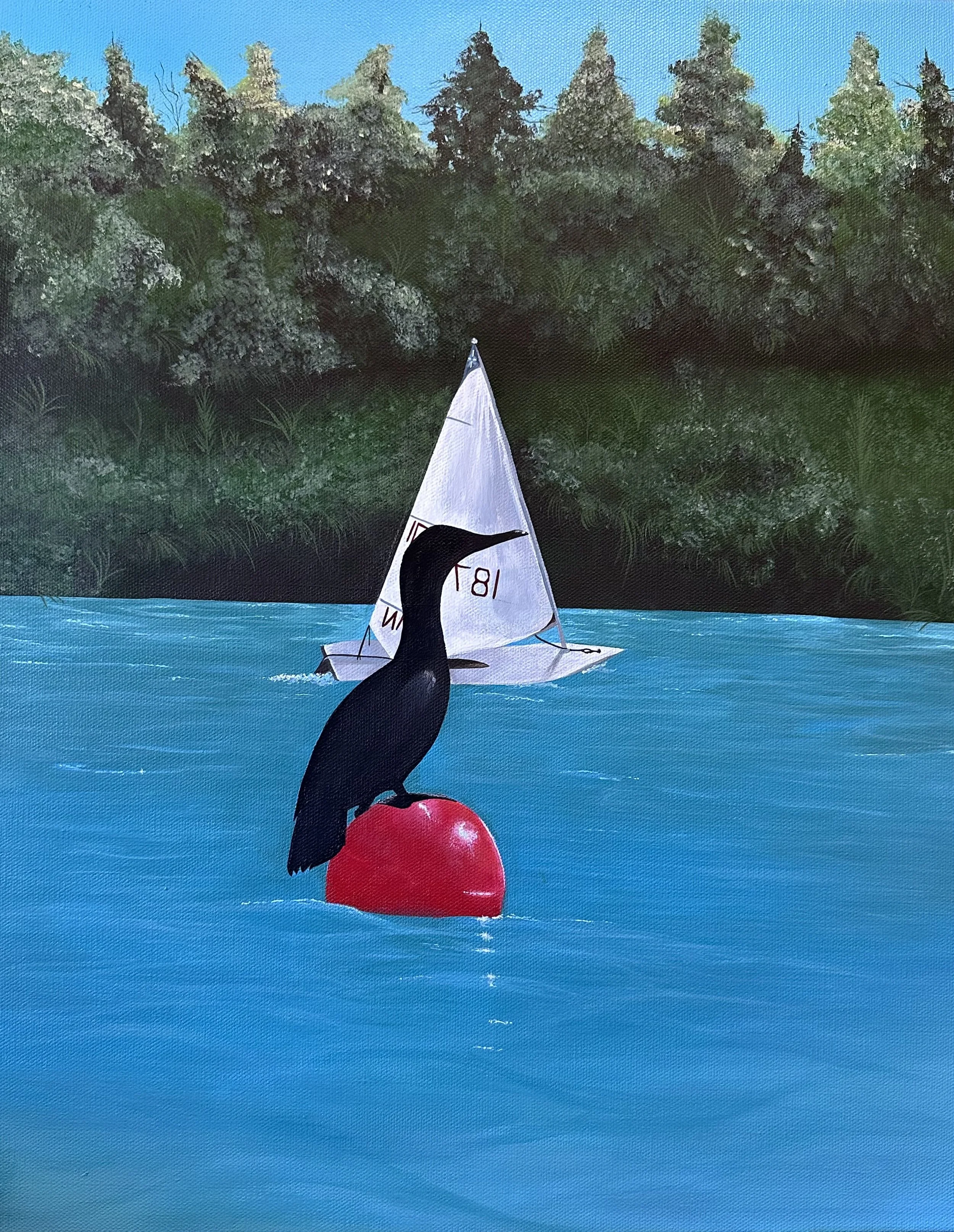 A black cormorant perched on a red buoy in Baddeck Bay, with a small sailboat and a dense forest in the background.