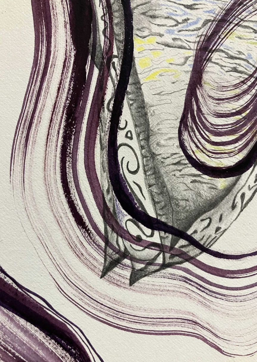 Close-up image of an abstract ink piece, focusing on intricate line work, purple and grey shading, and part of the detailed engravings used in currency.