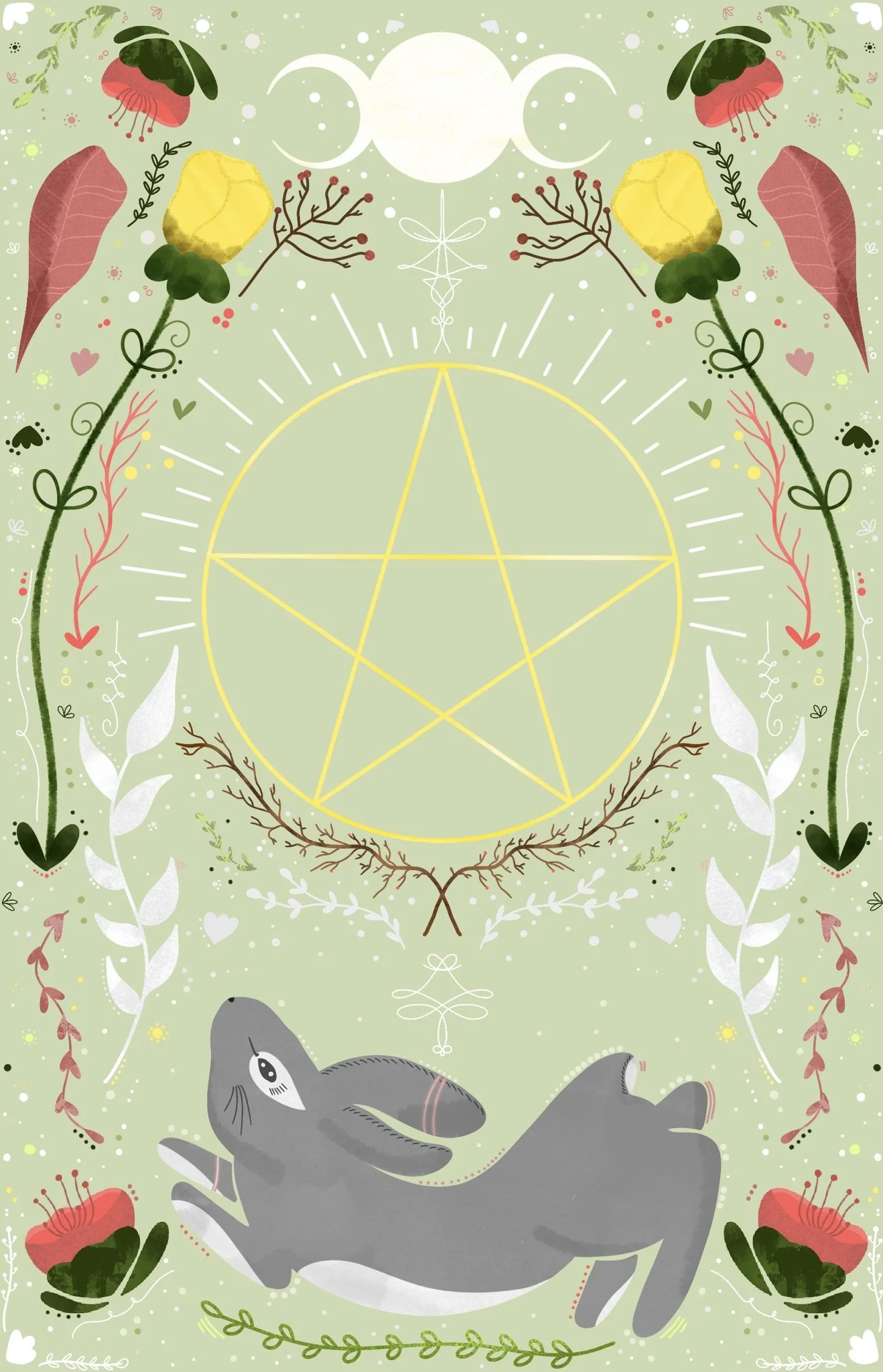 A stylized, mystical illustration featuring a pentagram enclosed within a yellow circle at the center, surrounded by celestial and botanical symbols such as crescent moons, flowers, leaves, and branches on a light green background. There is a cartoon