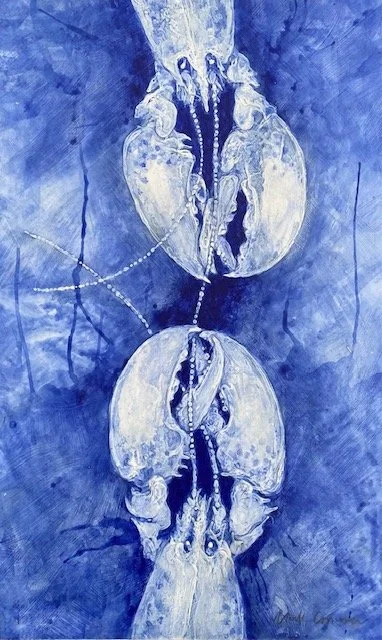 A painting of two lobster connected by a chain against a blue background.