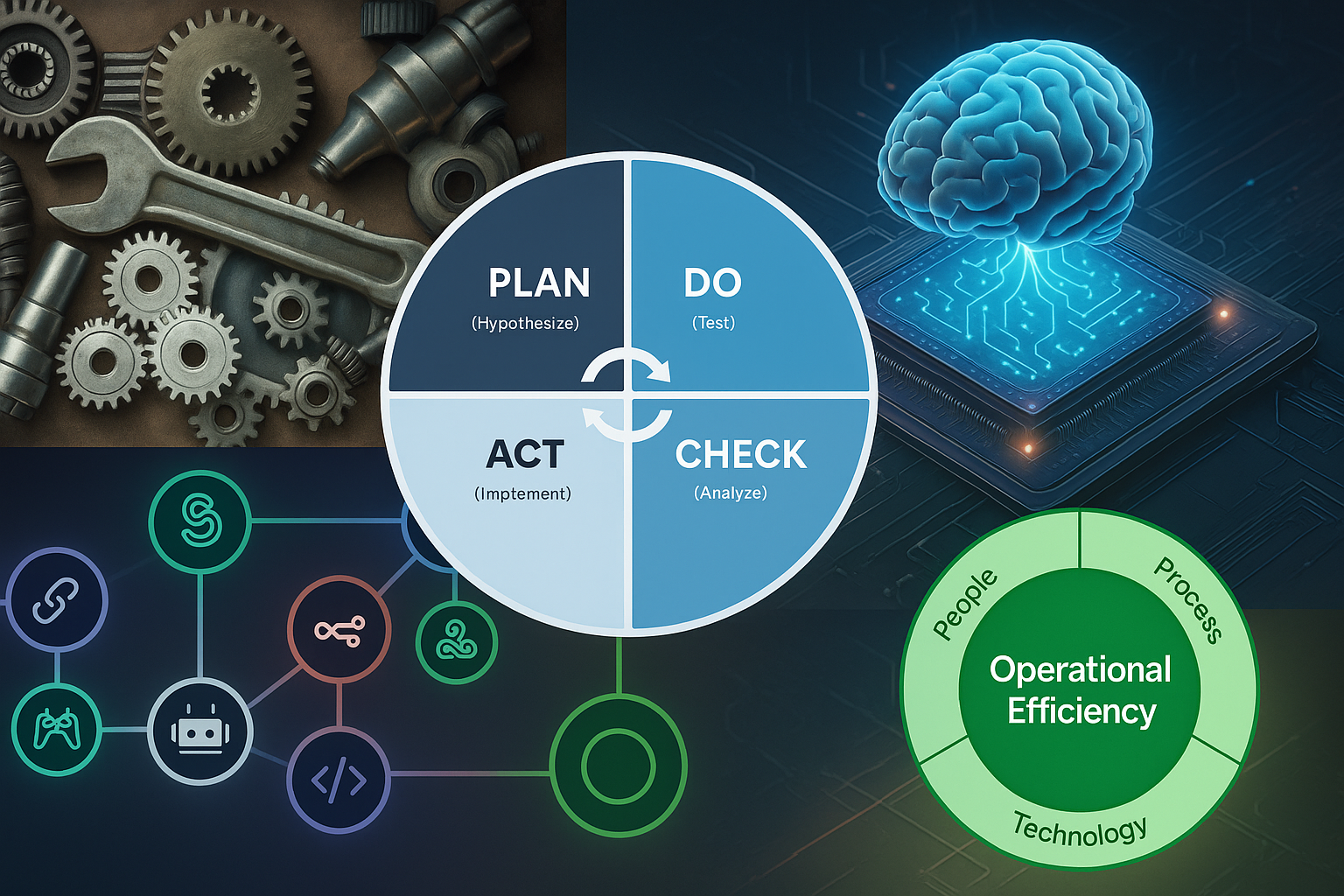 A collage of images related to technology, innovation, and business processes. It includes a diagram of the PDCA cycle (Plan, Do, Check, Act), a digital brain on a circuit board, interconnected icons representing various digital tools, and a green circle illustrating operational efficiency through people, process, and technology.