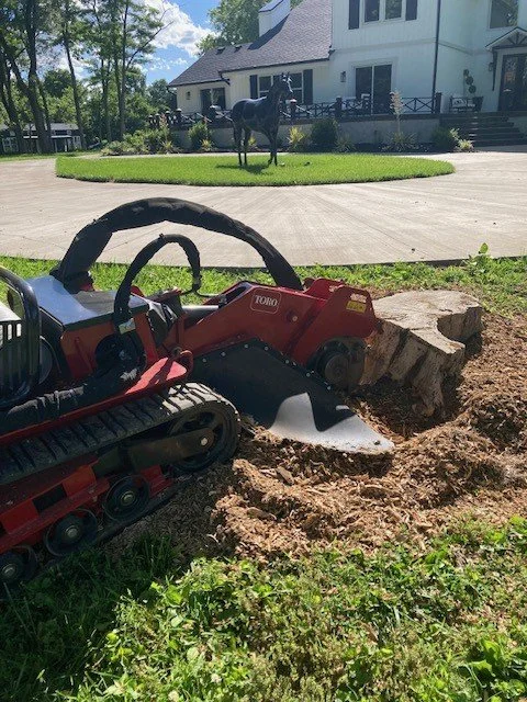 A small red excavator digging into the ground in front of a white house with a lawn and a horse statue in the yard.