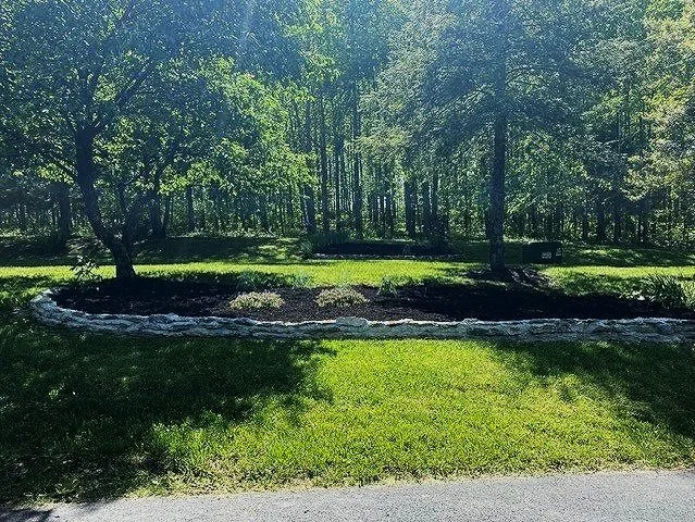 A landscaped garden with a curved stone border, trees, and lush green grass on a sunny day.