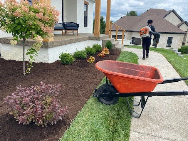 A person with a backpack blower walking on a sidewalk near a house, with a wheelbarrow and landscaped garden in the foreground.