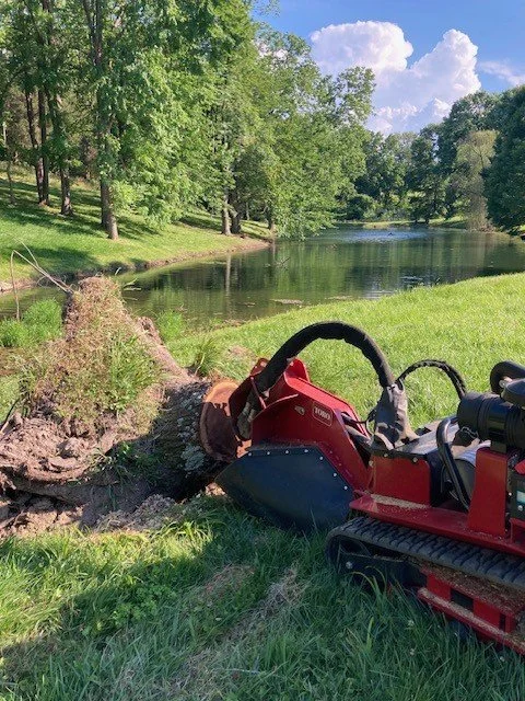 A red excavator sitting on grass near a river with trees and blue sky in background.