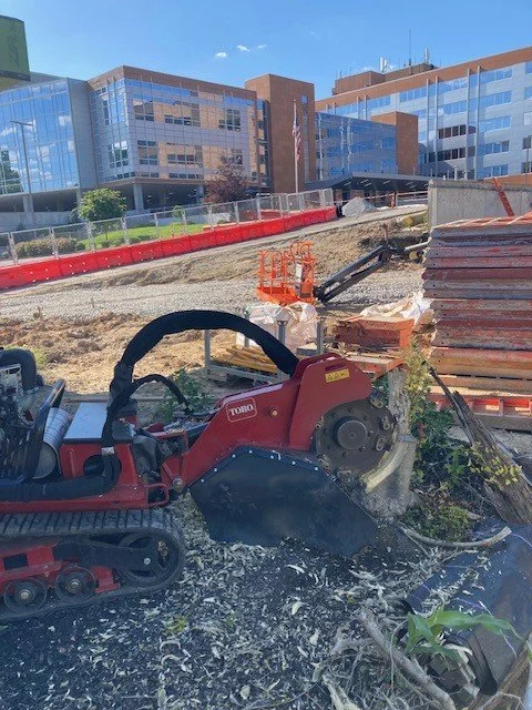 Construction site with a red mini excavator, dirt, and stacks of lumber, with modern glass office buildings in the background.