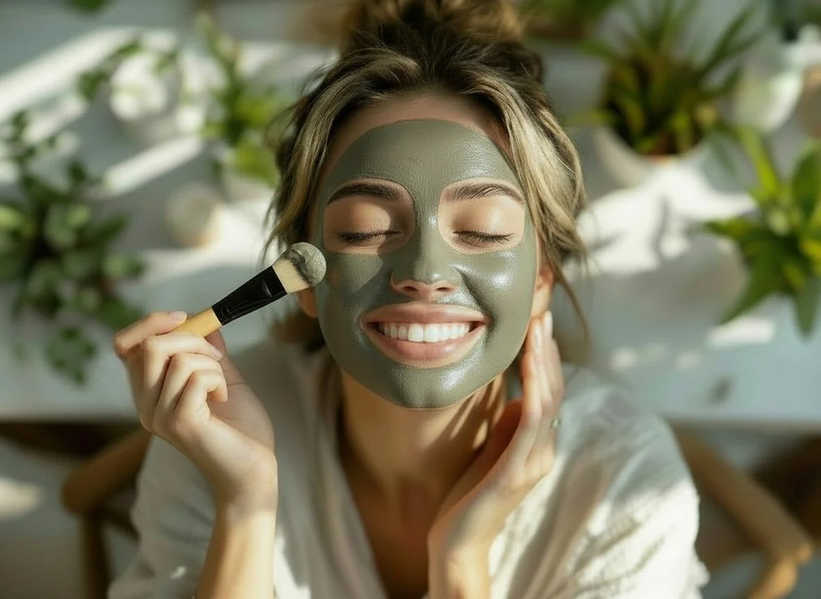 woman applying a natural non toxic clay mask on face to help with redness