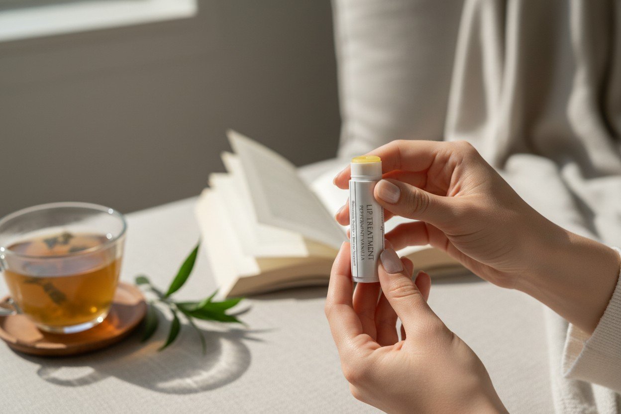 lip treatment stick being held by someone needing to restore damage to dry cracked lips