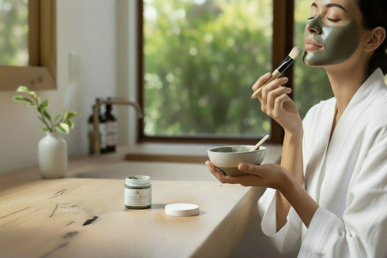 woman applying a clay facial mask to help detox break out prone skin