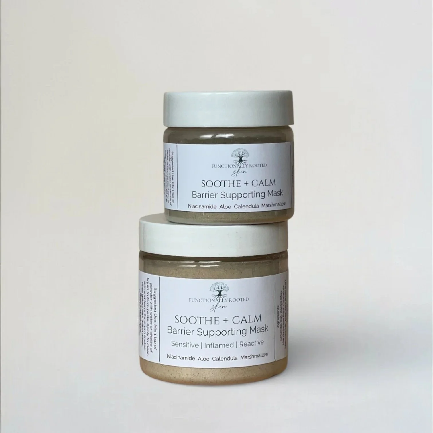 two jars of soothe + calm powdered clay mask with no preservatives or fillers