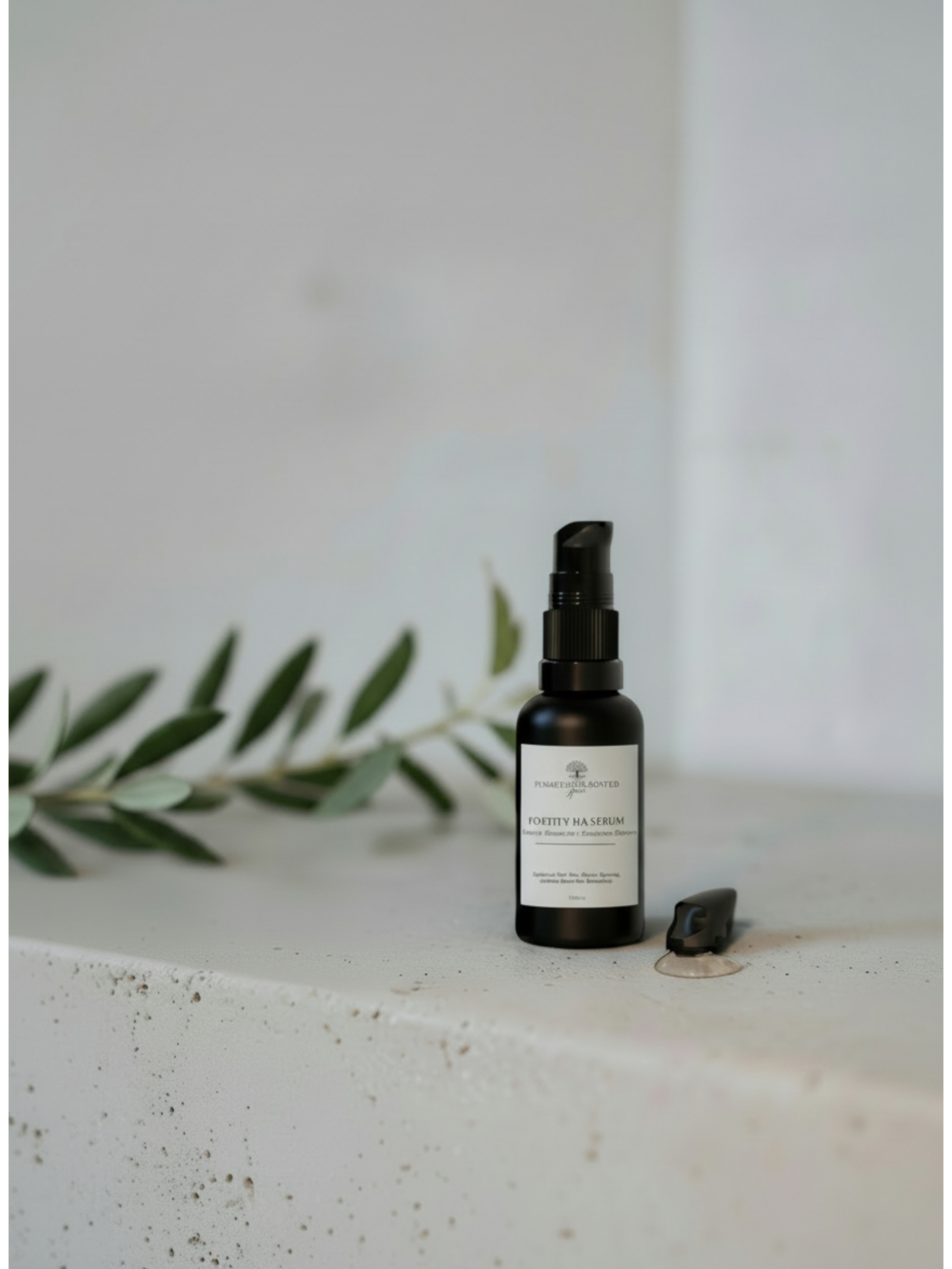 image of a bottle of hyaluronic acid + barrier strength + antioxidant serum with botanicals in the background