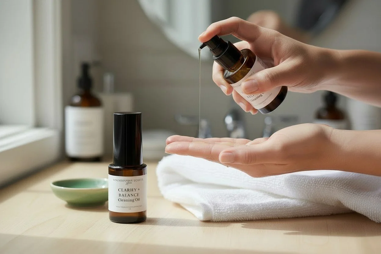 person cleansing their face with facial cleansing oil for congestion prone skin