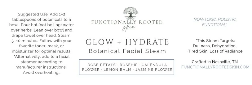product label for a glow + hydrate botanical steam with rose petals, rosehip, calendula, lavender