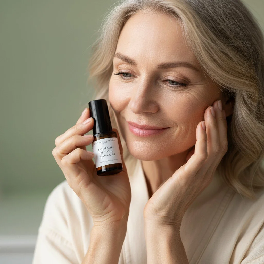 Woman applying nourishing cleansing oil on face to support mature skin and a healthy skin barrier