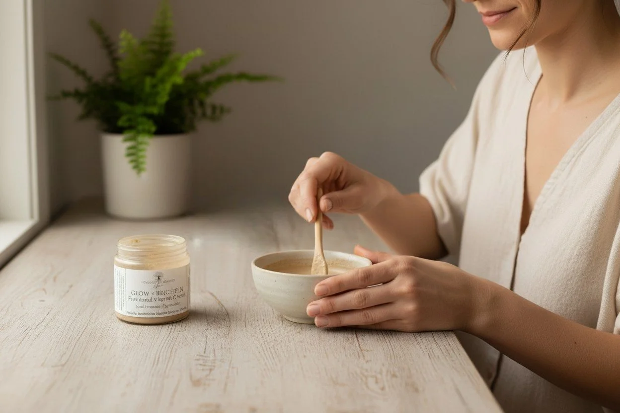 woman mixing a brightening clay mask to help encouraging glowing skin and a healthy skin barrier