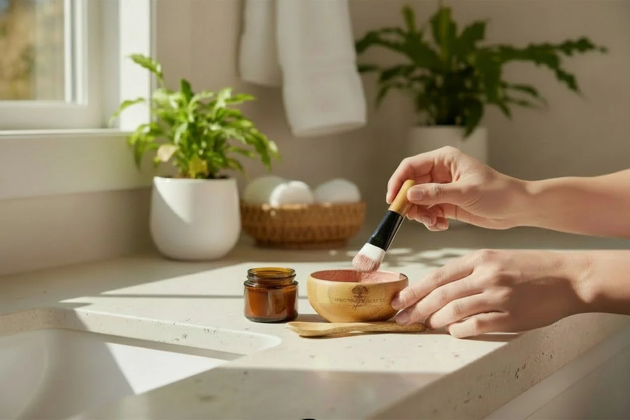 someone mixing a face mask in a custom bamboo bowl mixing set