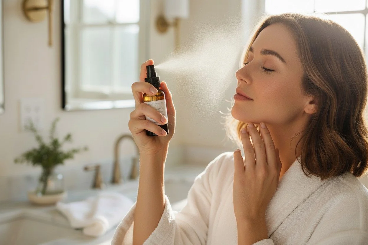 woman applying balancing facial toner to refine pores and rebalance skin barrier