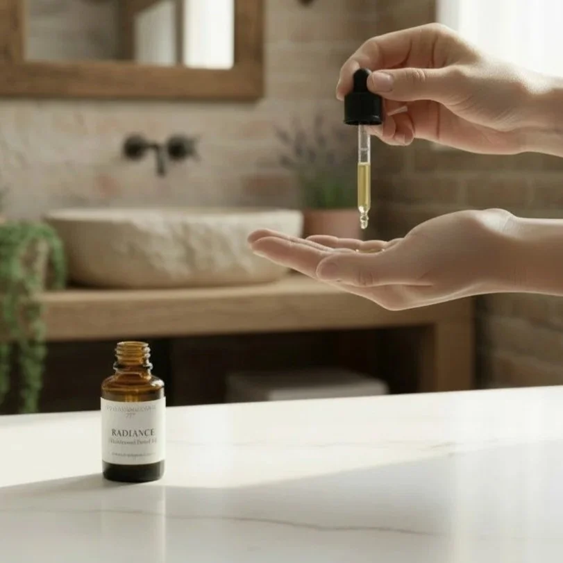 Someone in the bathroom using a vitamin c + antioxidant facial oil
