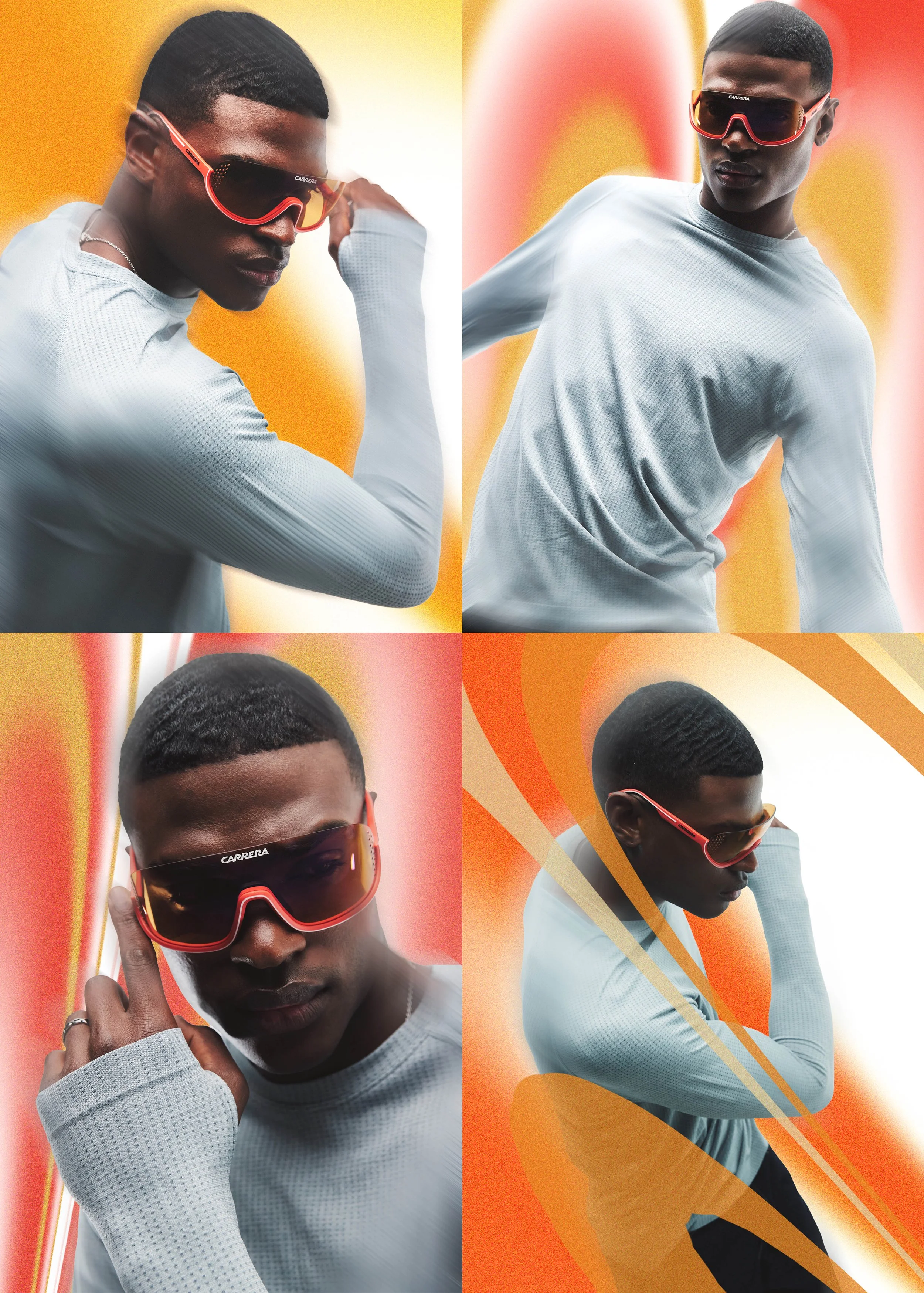 A collage of four photos of a young black man with short hair, wearing red and black Carrera sports sunglasses, a white textured long-sleeve shirt, and silver jewelry, against a vibrant orange, yellow, and red abstract background.
