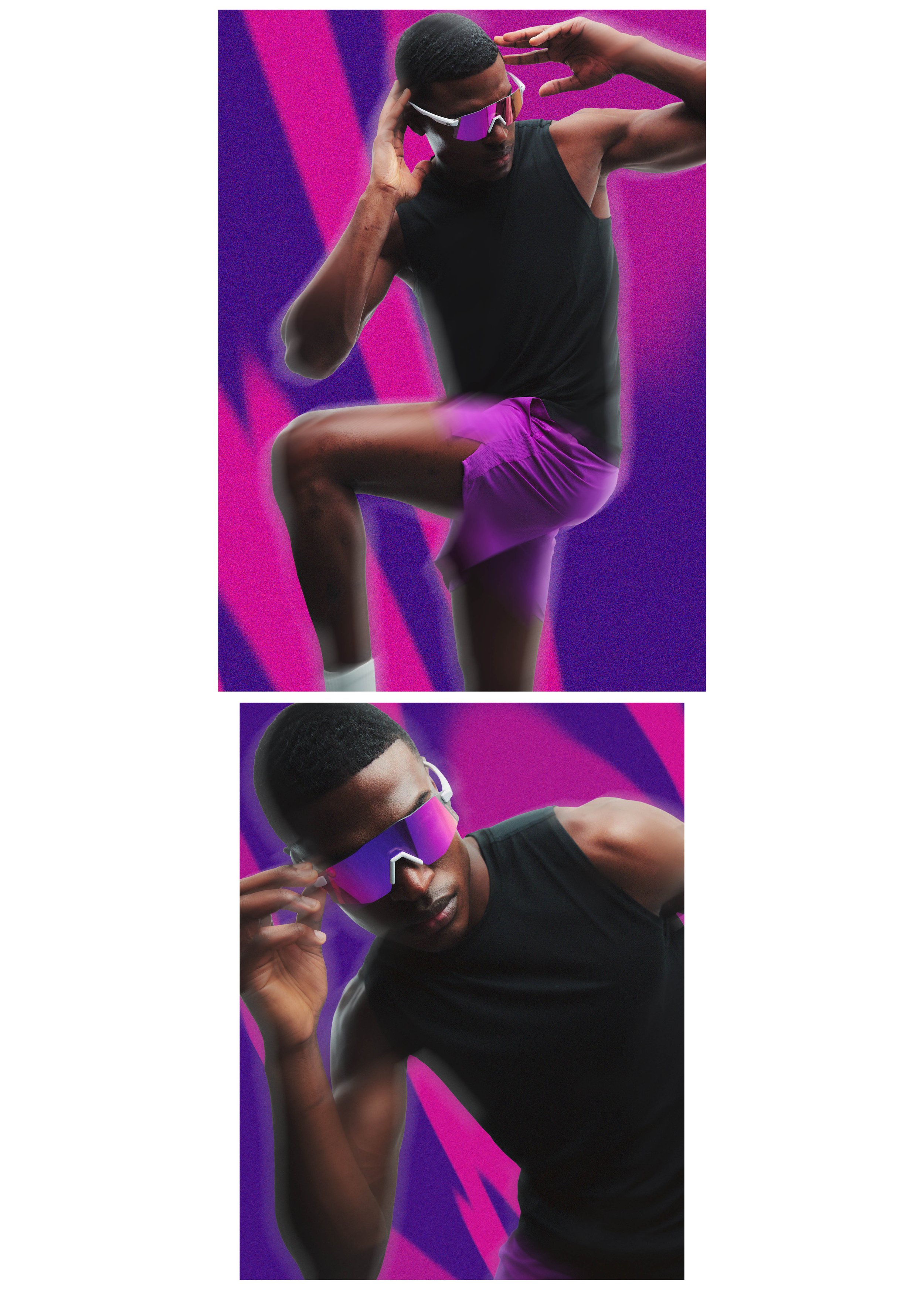 A young man dressed in athletic clothing, wearing futuristic purple sunglasses, poses against a vibrant purple and pink abstract background, with one hand adjusting his sunglasses and the other hand near his ear.