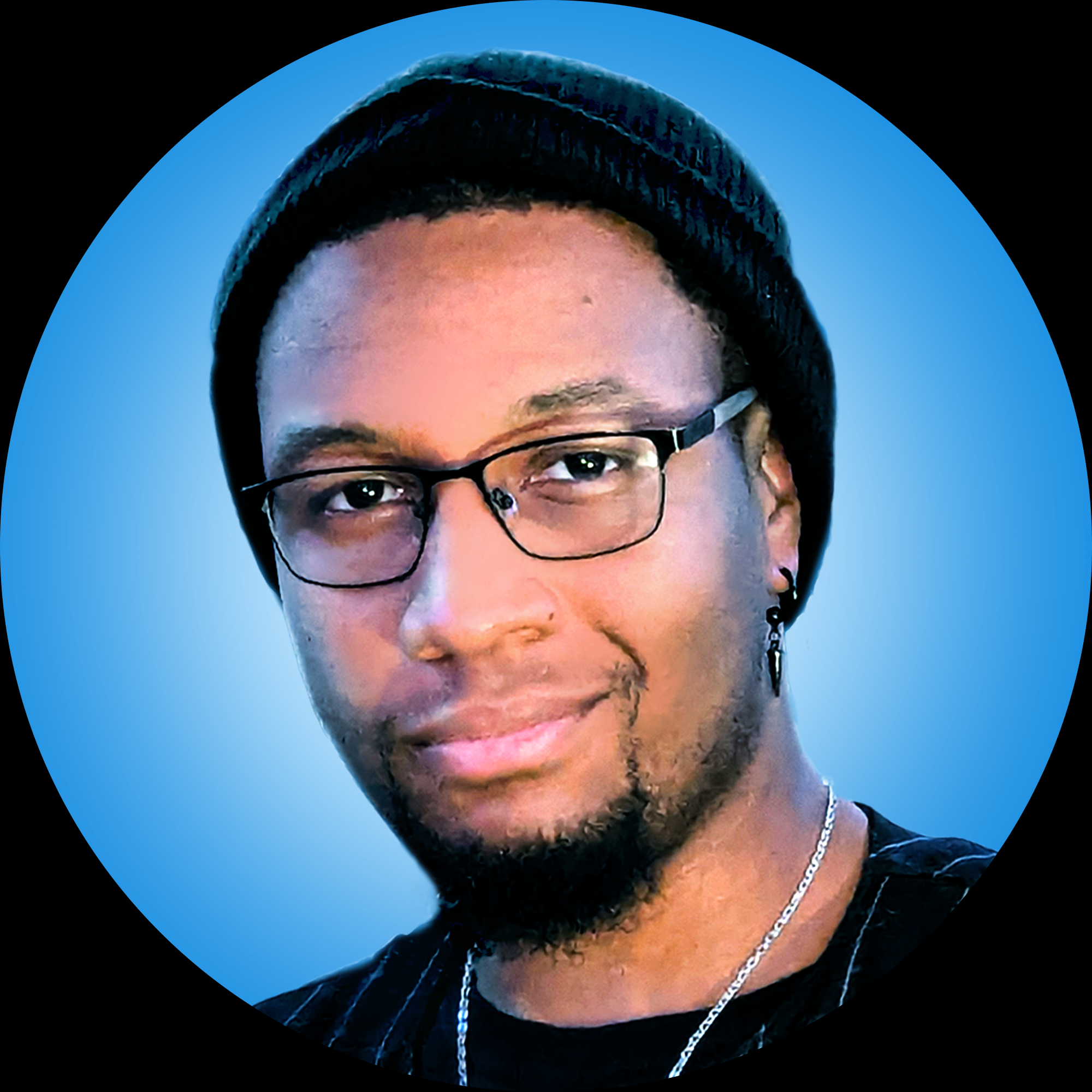 A young person with glasses, a beanie, earrings, and a necklace, smiling against a blue gradient background.