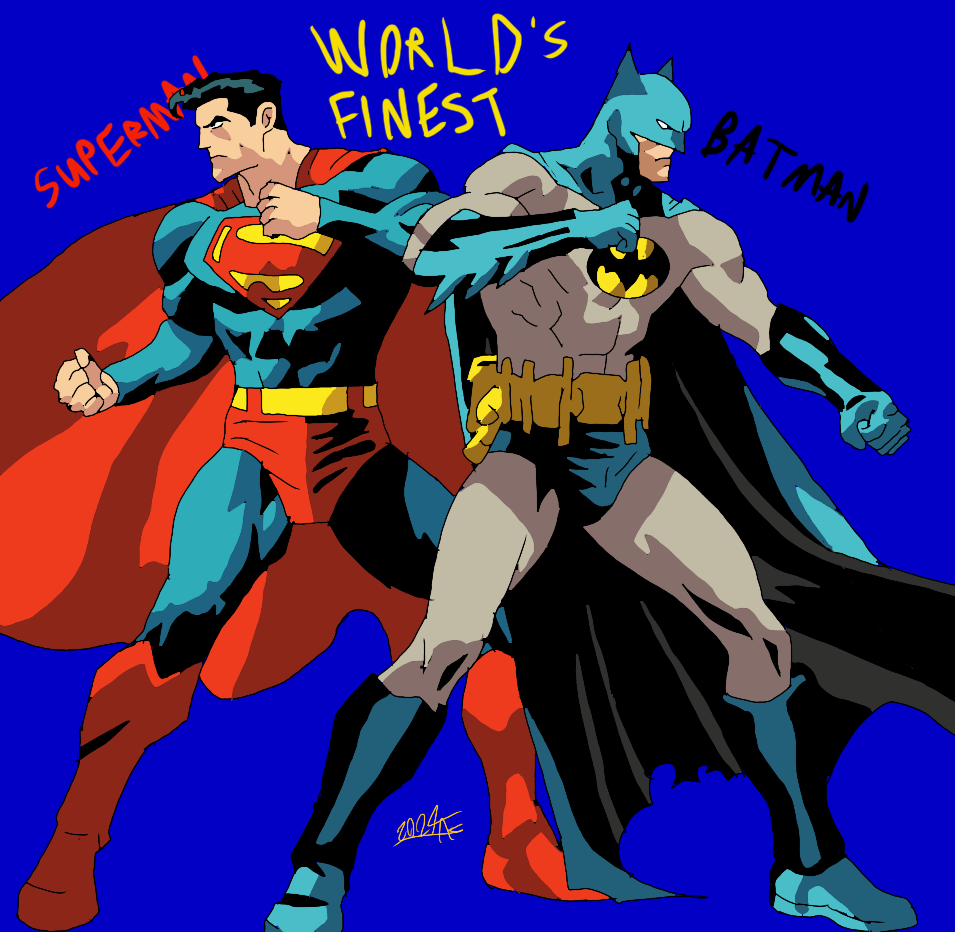 Illustration of Superman and Batman standing back-to-back in superhero poses. Superman is wearing a red and blue costume with a yellow belt and cape, with a symbol on his chest. Batman is in a gray and black costume with a yellow utility belt, black 