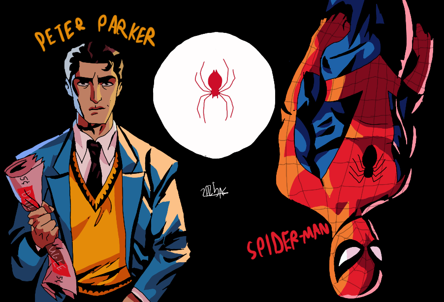 Colorful cartoon-style illustration of Peter Parker, Spider-Man, and a spider in a white circle. Peter Parker is holding a rolled-up newspaper, with a serious expression, wearing a blue jacket over a yellow sweater, with a white shirt and black tie. 