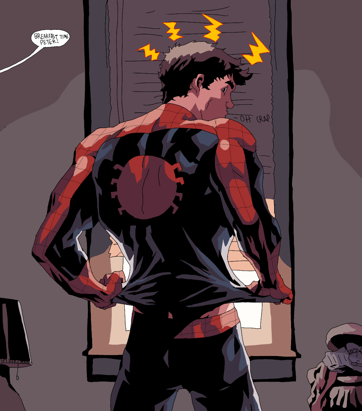 A young man in a Spider-Man costume with his back turned, standing in front of a window with blinds. He has lightning bolt symbols above his head indicating a headache or pain, and is looking over his shoulder while holding his head. A speech bubble 