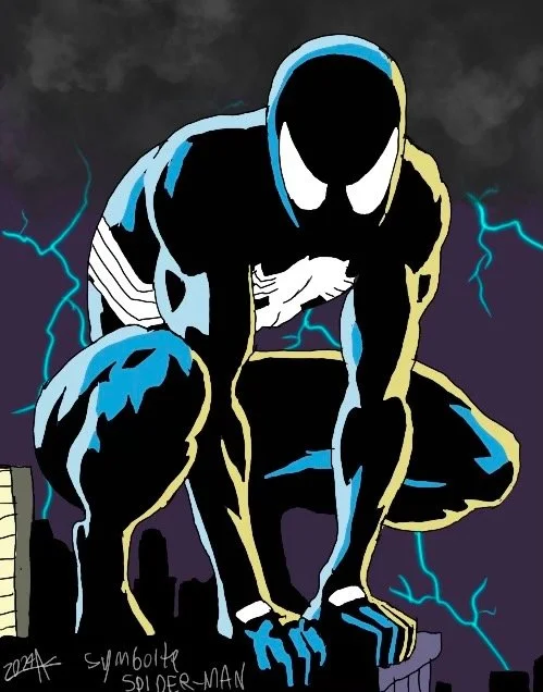 Drawing of a superhero crouching on a building with lightning in the background.
